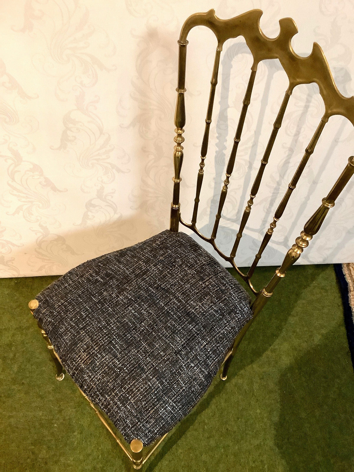 Chiavari Stuhl - Messing - Polstersitz Grau Blau - Italien 1960