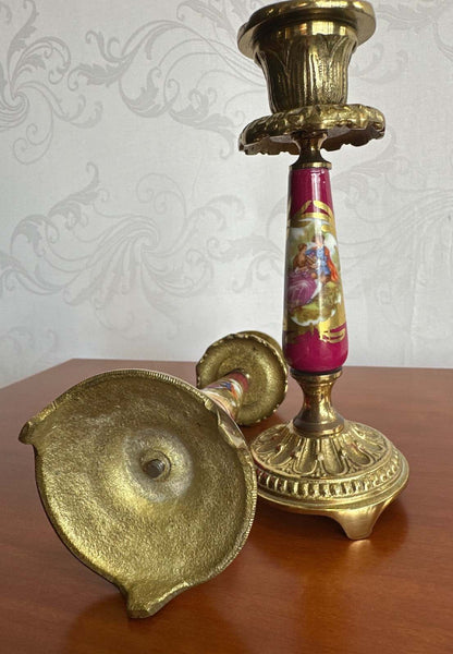 2 Kerzenleuchter Messing Porzellan Rokoko-Stil handgemalt Golddekor 16,5 cm