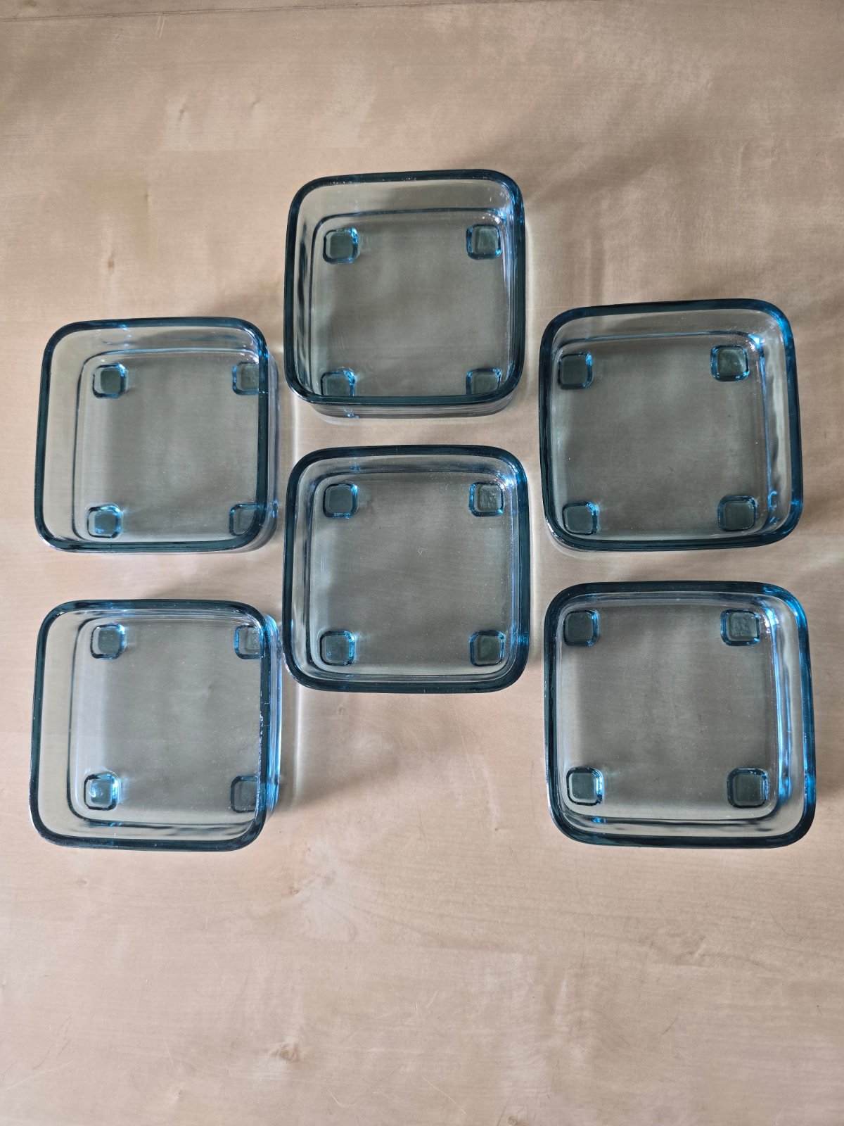 Teakholz Serviertablett Gitteroptik + 6 blaue Glasschälchen 60er/70er