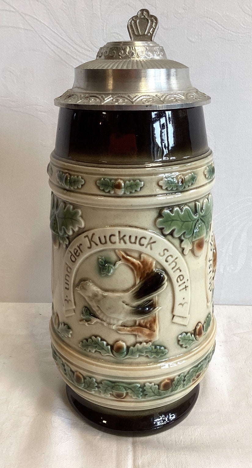 Antiker Bierkrug Keramik Zinndeckel Jagdmotiv Auerhahn Kuckuck Hase Relief
