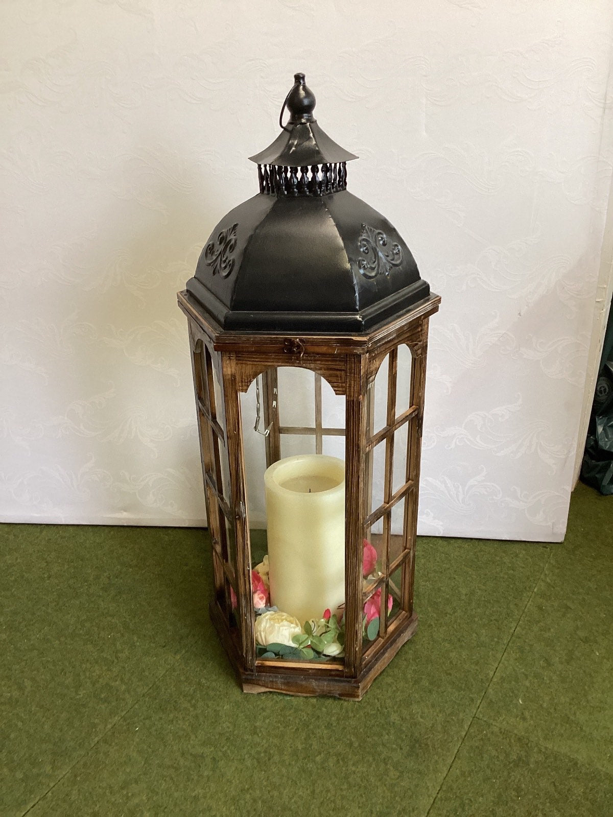 Große Deko-Laterne Holz Metall schwarz Vintage Kerzenlaterne Windlicht Blumen 1m