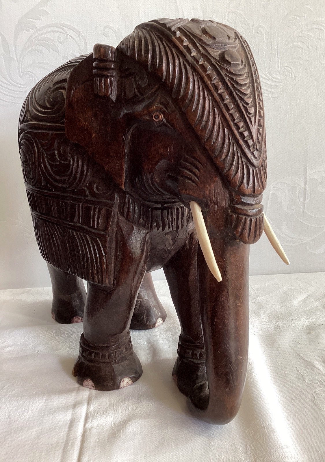 2x Holzelefant Figur handgeschnitzt Skulptur Asien Vintage Deko Paar Höhe 26 cm