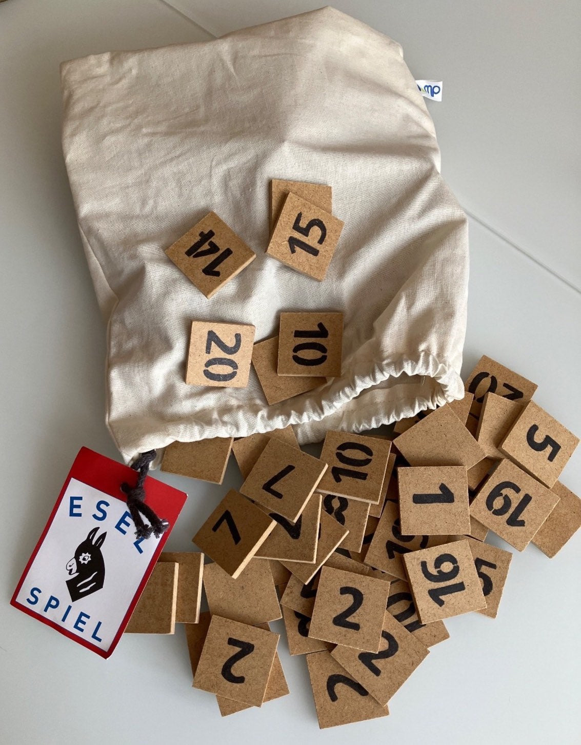 Delme-Werkstätten Eselspiel Lernspiel Zahlen Holzplättchen Beutel Kinder