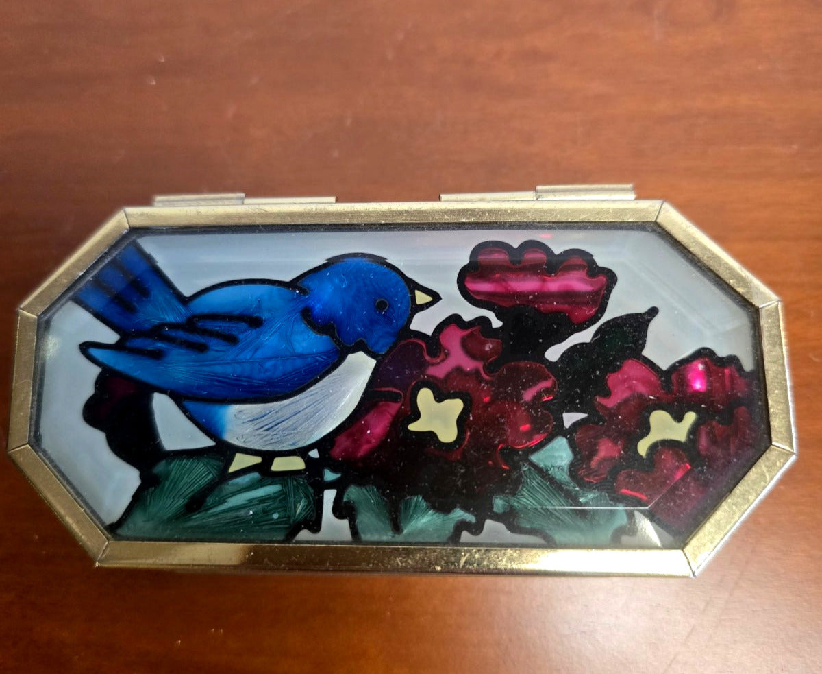 Schmuckdose Glas Messing Bleiverglasung Bluebird Blumen Spiegelboden Vintage