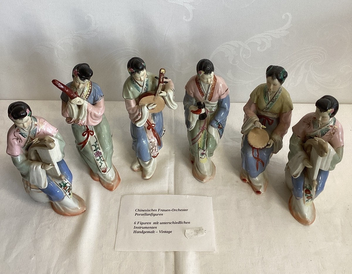 6x Chinesische Porzellanfigur Musikerinnen Orchester handgemalt Vintage China