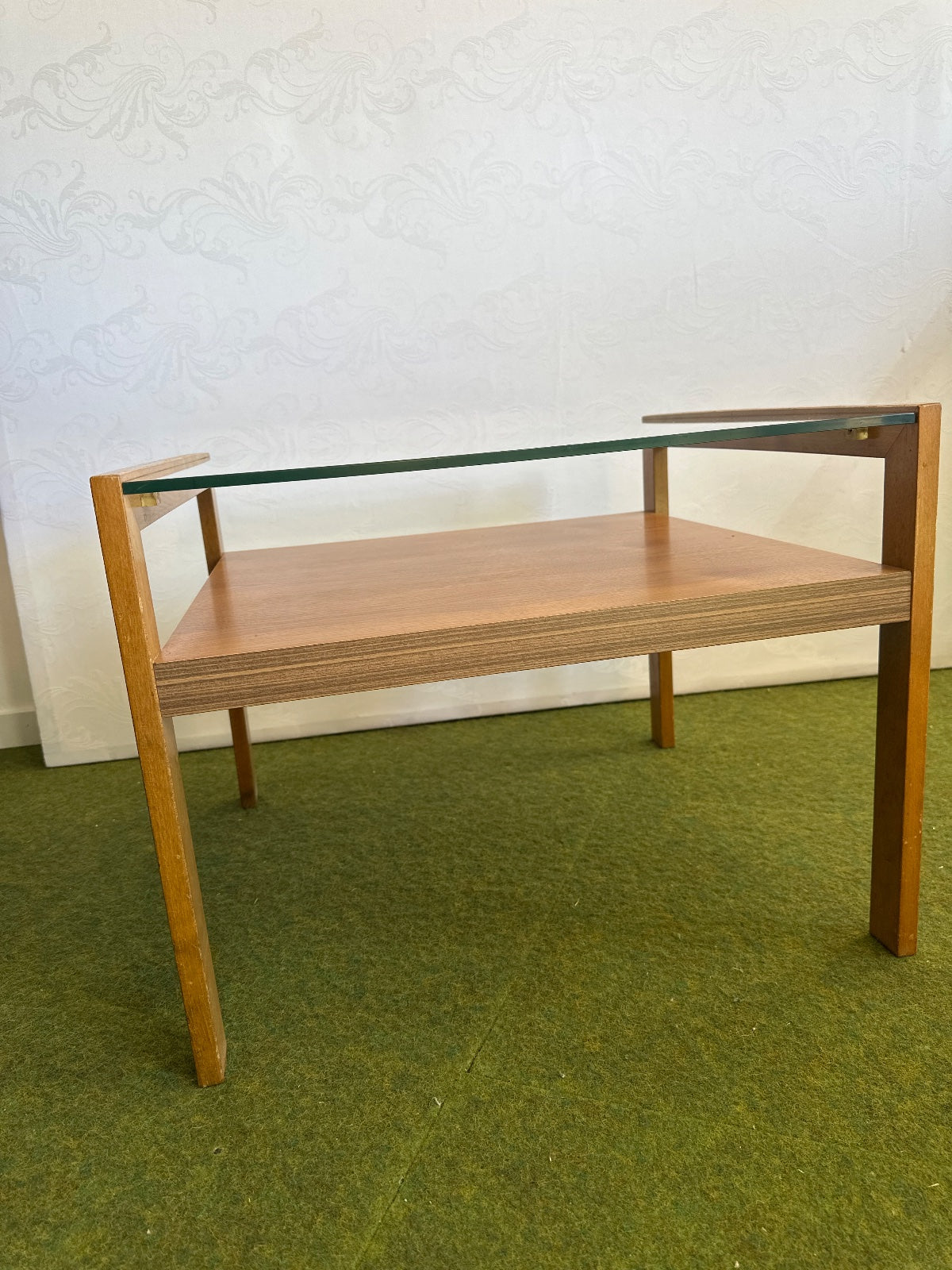 Beistelltisch Holz Teak+Glas 2 Ebenen Wohnzimmertisch Mid Century