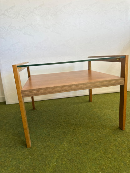 Beistelltisch Holz Teak+Glas 2 Ebenen Wohnzimmertisch Mid Century