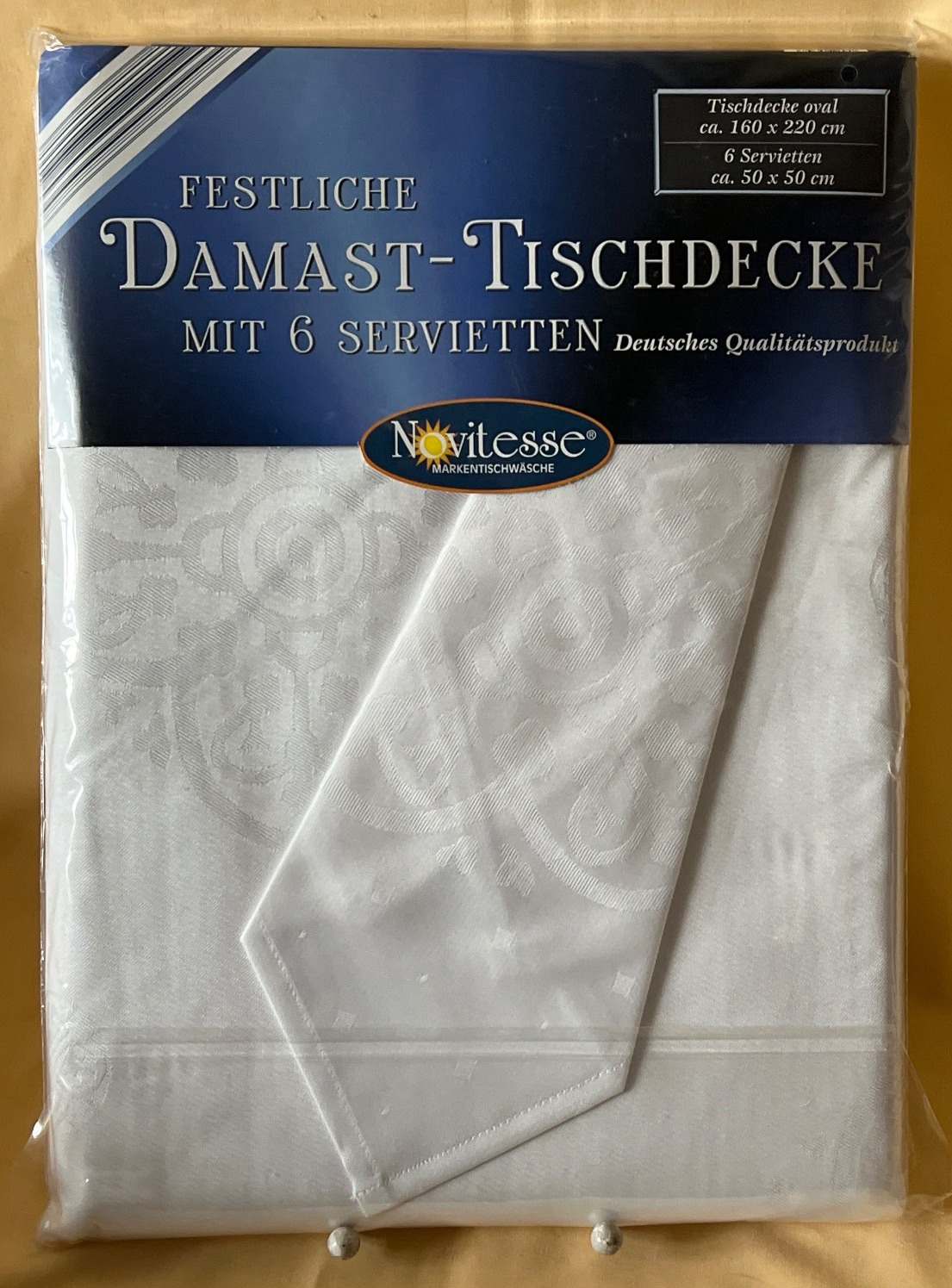 Novitesse Damast Tischdecke oval 160x220 cm + 6 Servietten weiß NEU