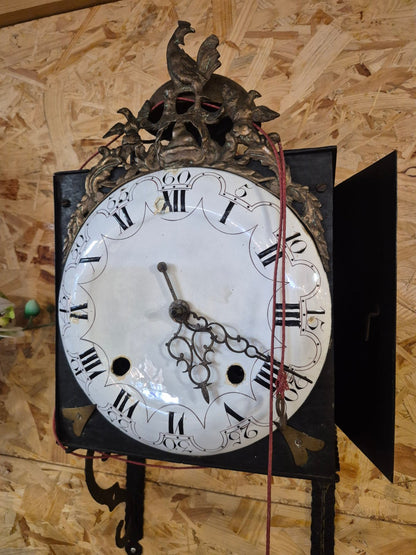 Antike Comtoise Wanduhr Hahn Aufsatz Emaille Zifferblatt Pendel Schlagwerk