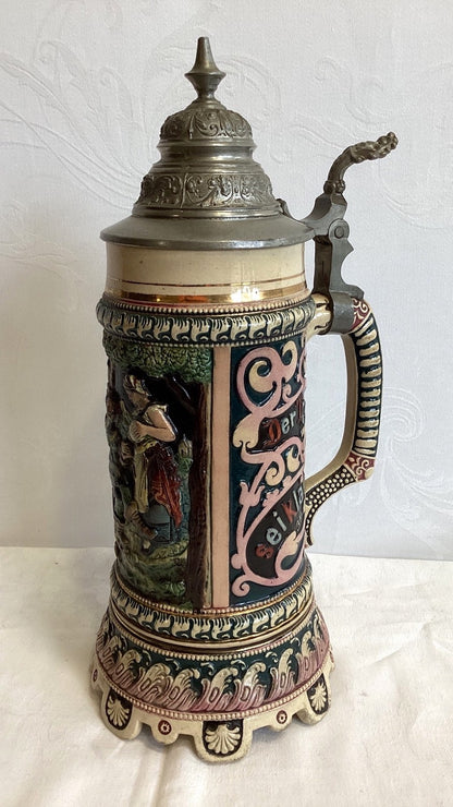 Antiker Keramik Bierkrug Zinndeckel Relief Historismus Mein Lieb sei rar Sammler