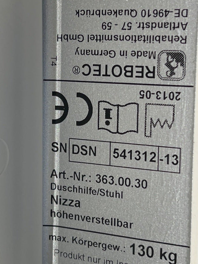 REBOTEC Nizza Duschstuhl Duschhilfe höhenverstellbar, bis 130kg, weiß