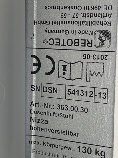 REBOTEC Nizza Duschstuhl Duschhilfe höhenverstellbar, bis 130kg, weiß