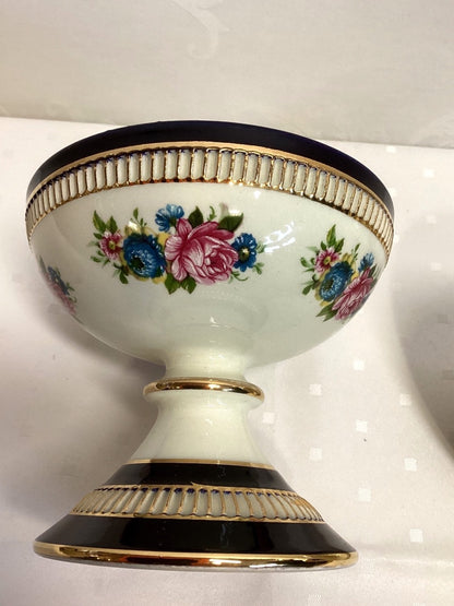 Porzellan Deckeldose Bonbonniere Blumendekor Kobaltblau Gold m. Fuß, H 22cm