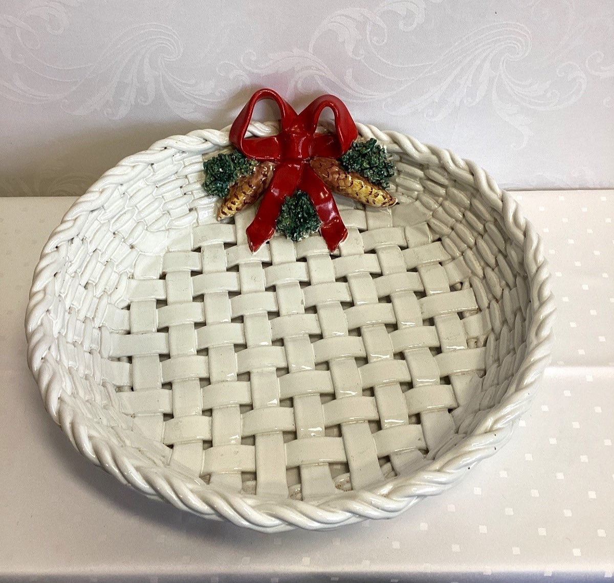 Keramik Korb Schale Weihnachten Italy Flechtoptik Tannenzapfen Schleife ø 37 cm