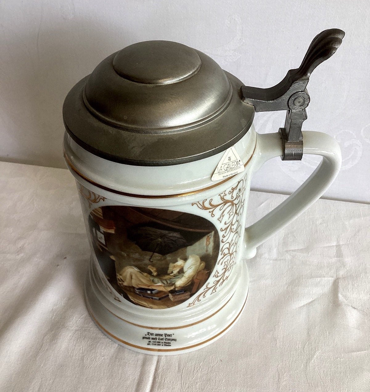 WMF La Galleria Bierkrug Porzellan Zinndeckel Der arme Poet Carl Spitzweg German