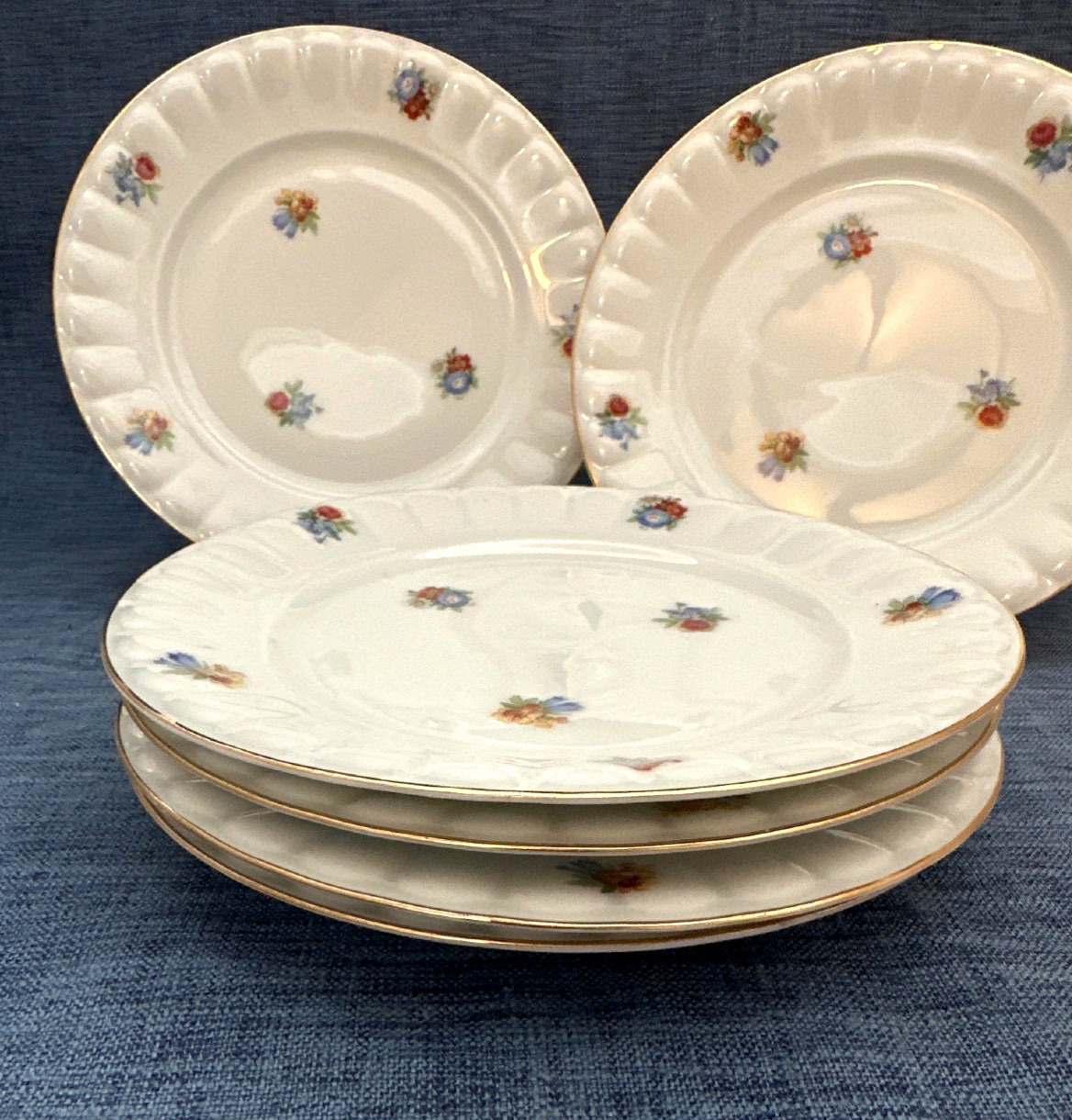 Thomas Bavaria Porzellan Teller 5er Set Blumendekor Goldrand weiß vintage