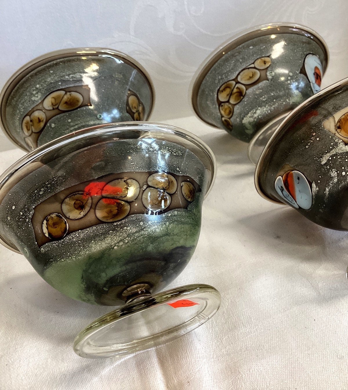 6x Eisschalen Dessertschalen Glas Fuß Murrine Dekor grün bunt Vintage Set