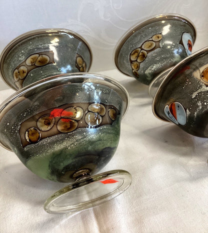 6x Eisschalen Dessertschalen Glas Fuß Murrine Dekor grün bunt Vintage Set