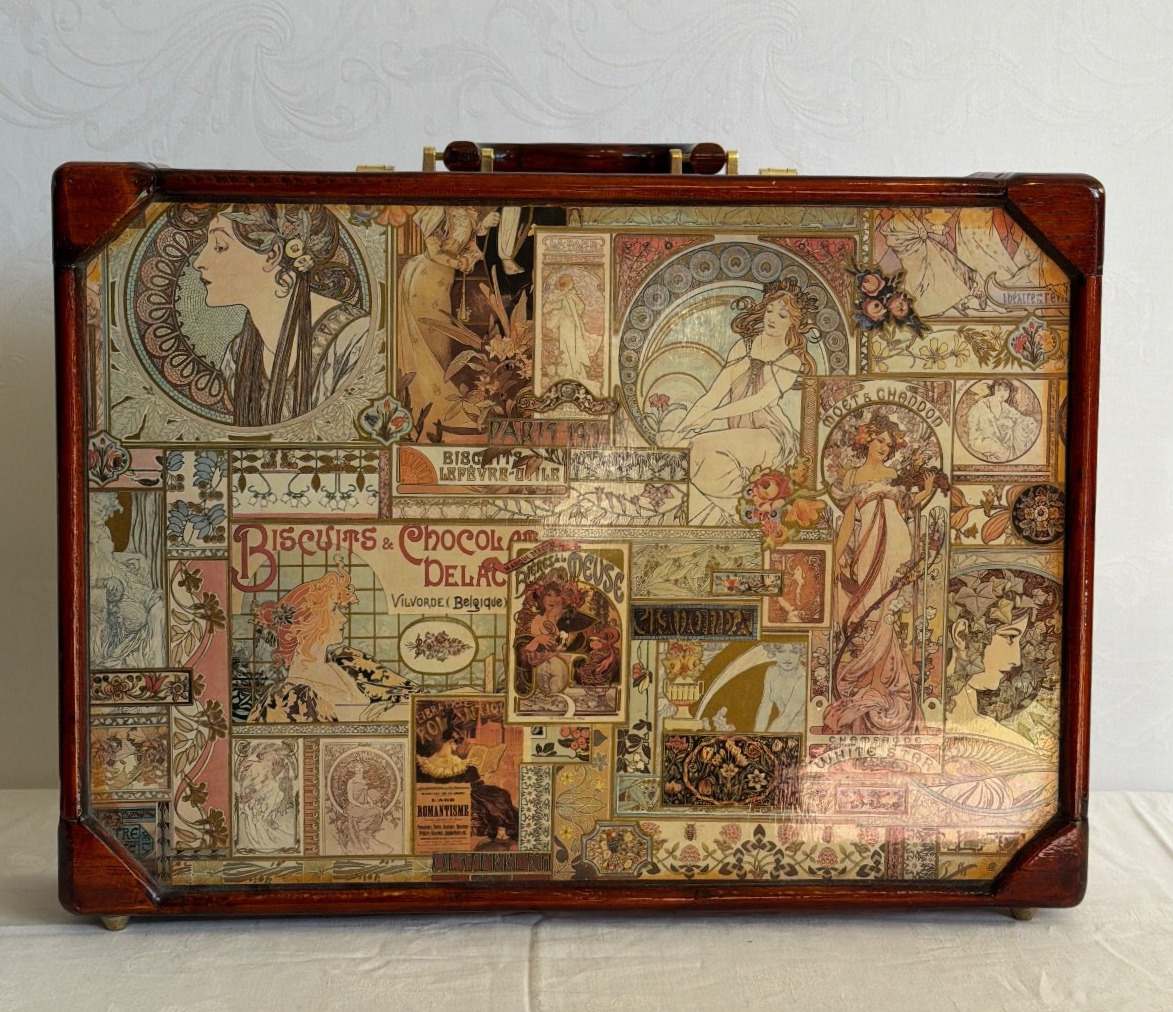 Holzkoffer Decoupage Art Nouveau Mucha Paris 1900 Zahlenschloss Vintage