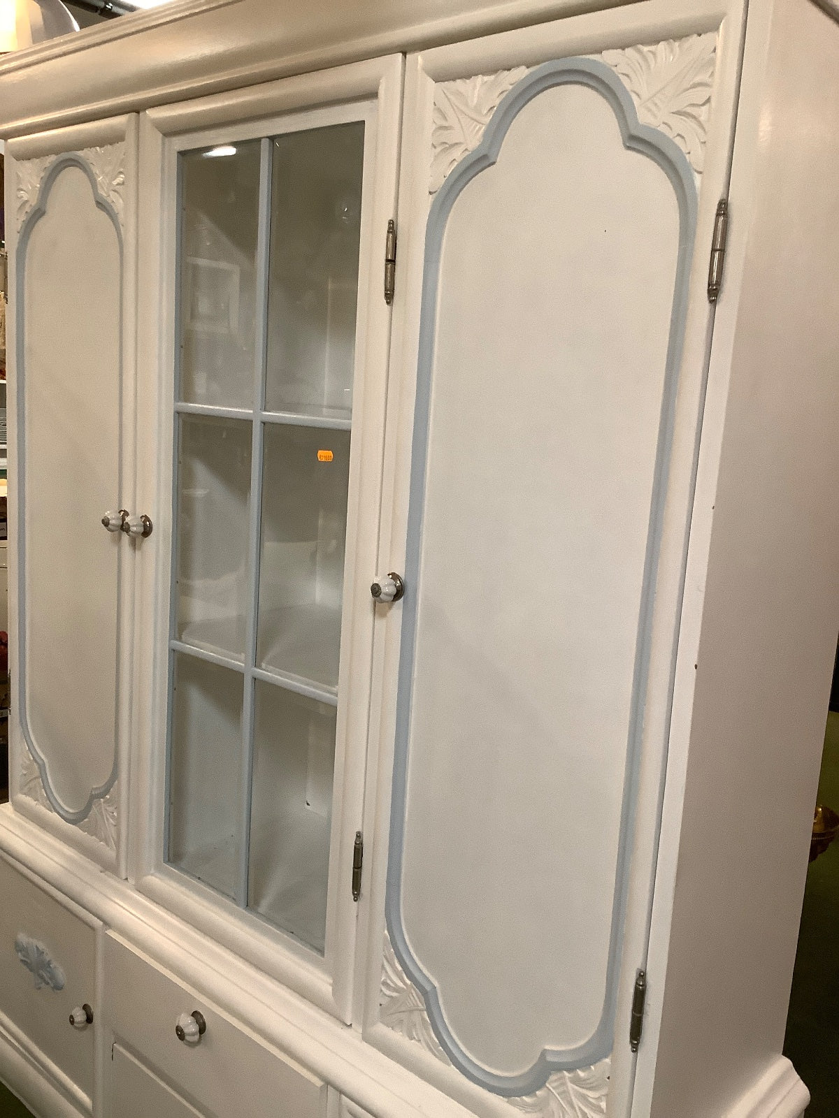 Großer Vitrinenschrank Weiß Landhaus Shabby Chic 3-türig Schubladen Holz
