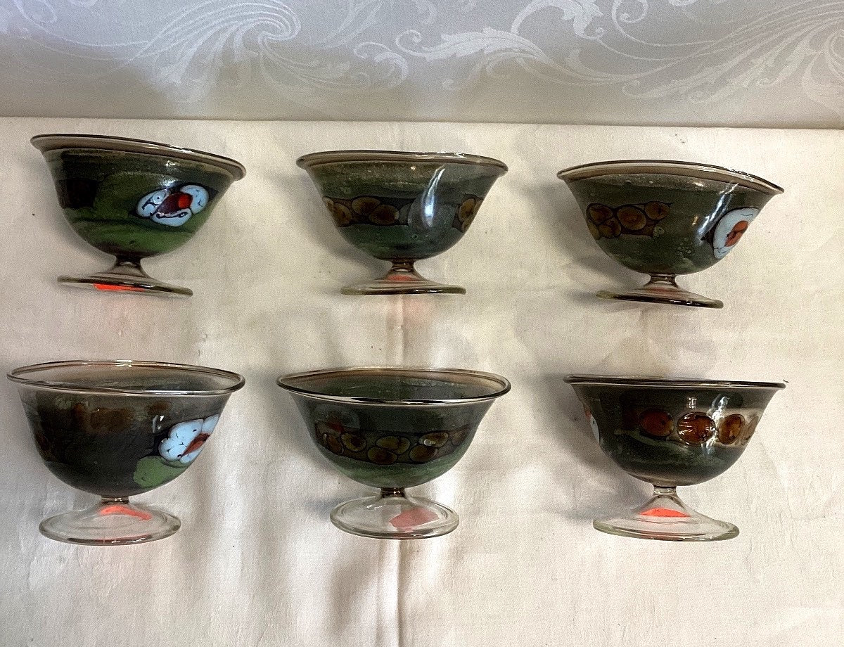 6x Eisschalen Dessertschalen Glas Fuß Murrine Dekor grün bunt Vintage Set