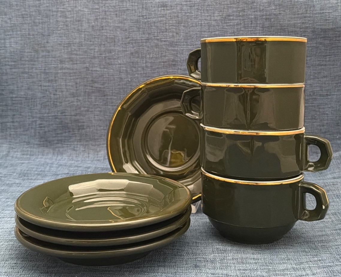Pillivuyt France Kaffeetassen Set 4 Tassen + 4 Untertassen Porzellan Grün Gold