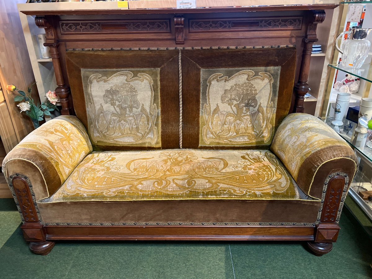 Antikes Gründerzeit Sofa, braun, Samtbezug, Blumenmotiv, 19. Jahrh.