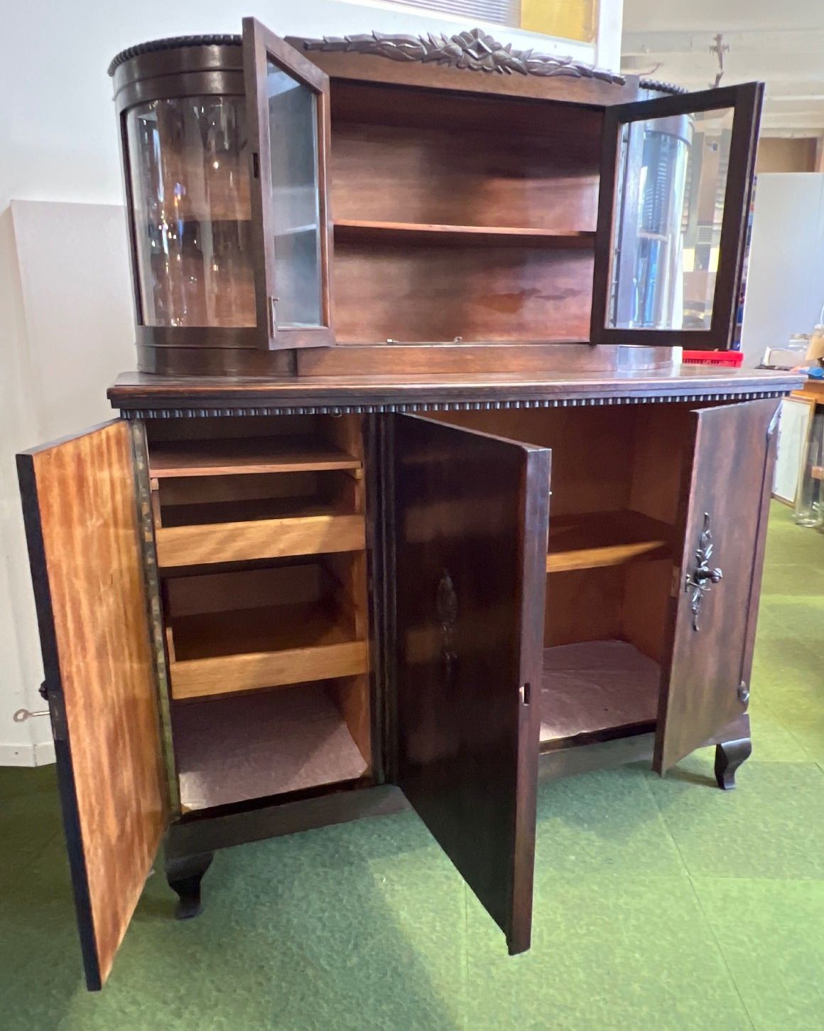 Antiker Eichen Buffetschrank, Vitrinenschrank, Jugendstil/Gründerzeit