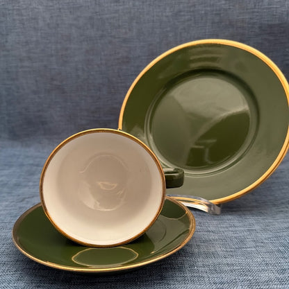 Walküre Porzellan Bayreuth Kaffeegedeck Trio grün Gold Vintage SPM