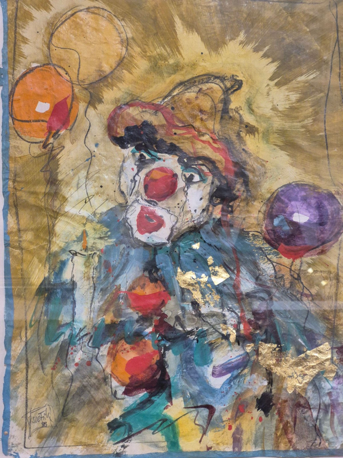 Bernd Svetnik Original "Clown mit Luftballons" 93 Mischtechnik signiert gerahmt