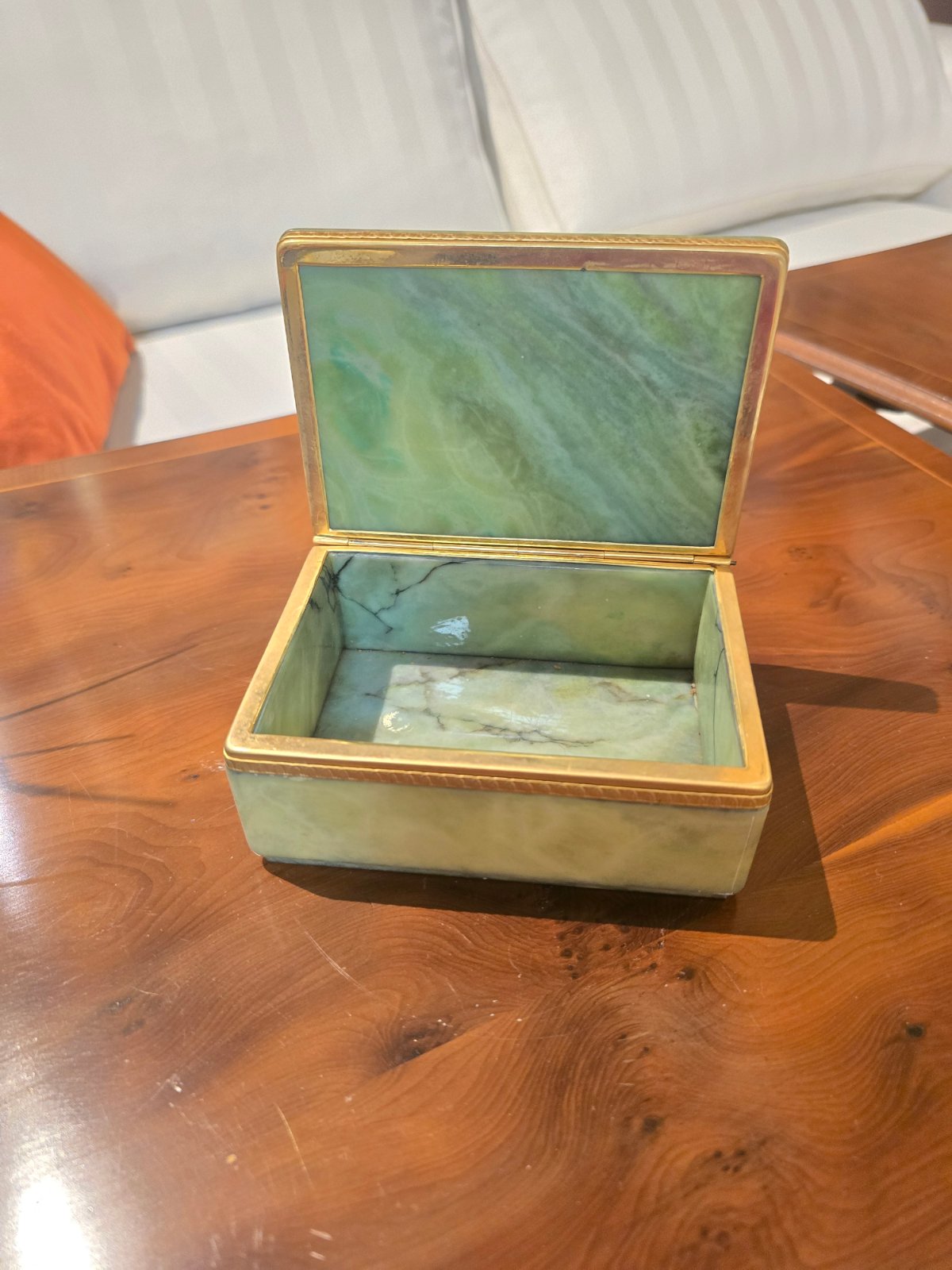 Vintage Schmuckschatulle Marmor Onyx Messing grün eckig Deckelbox