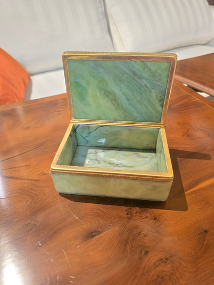 Vintage Schmuckschatulle Marmor Onyx Messing grün eckig Deckelbox