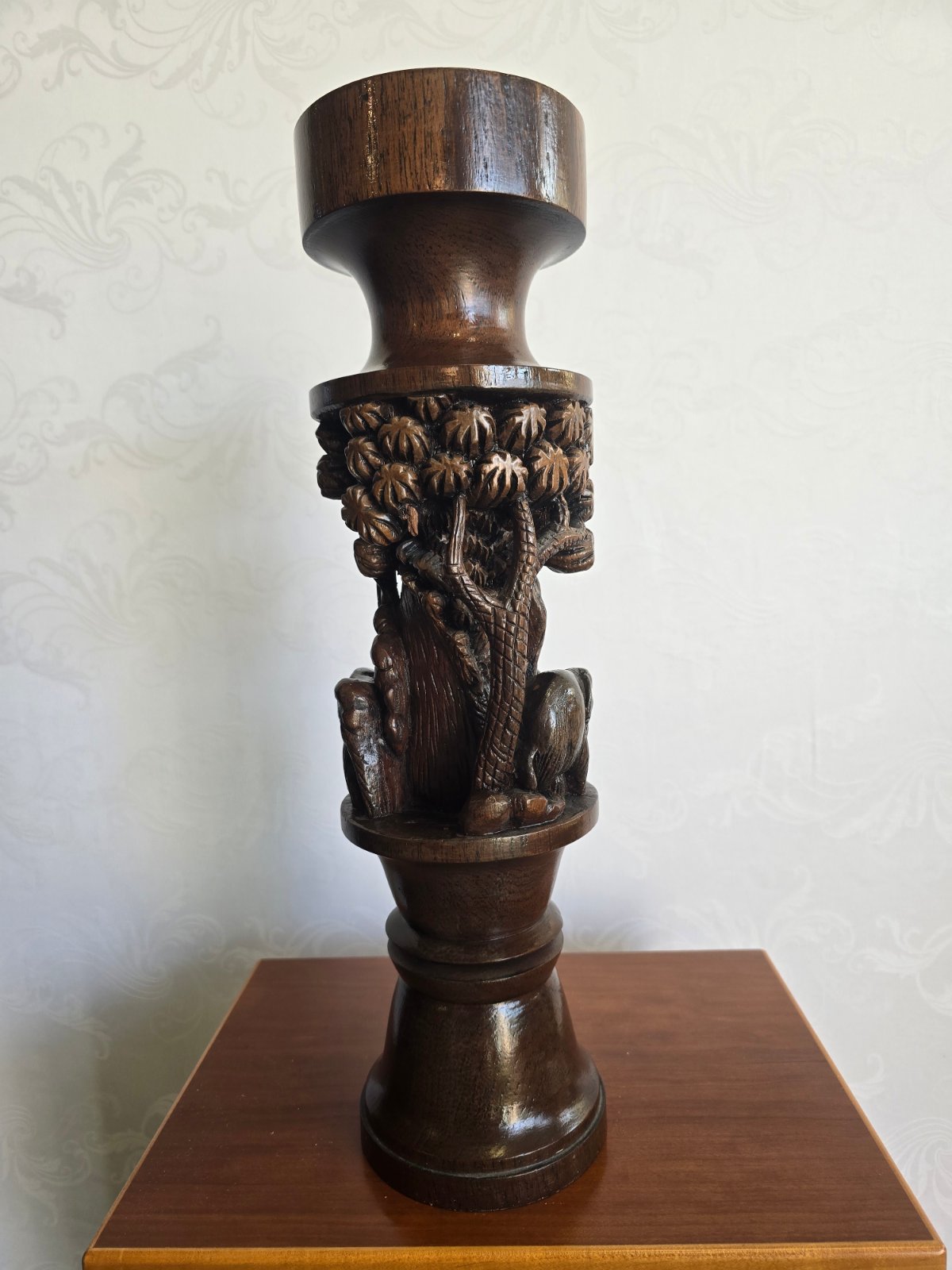 Handgeschnitzter Holz Kerzenhalter Elefant Palmen Figur Vintage Kolonialstil