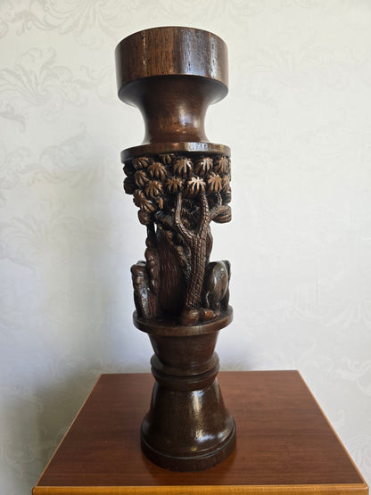 Handgeschnitzter Holz Kerzenhalter Elefant Palmen Figur Vintage Kolonialstil