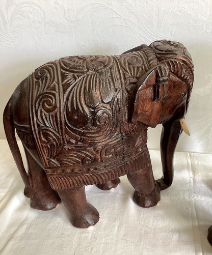 2x Holzelefant Figur handgeschnitzt Skulptur Asien Vintage Deko Paar Höhe 26 cm