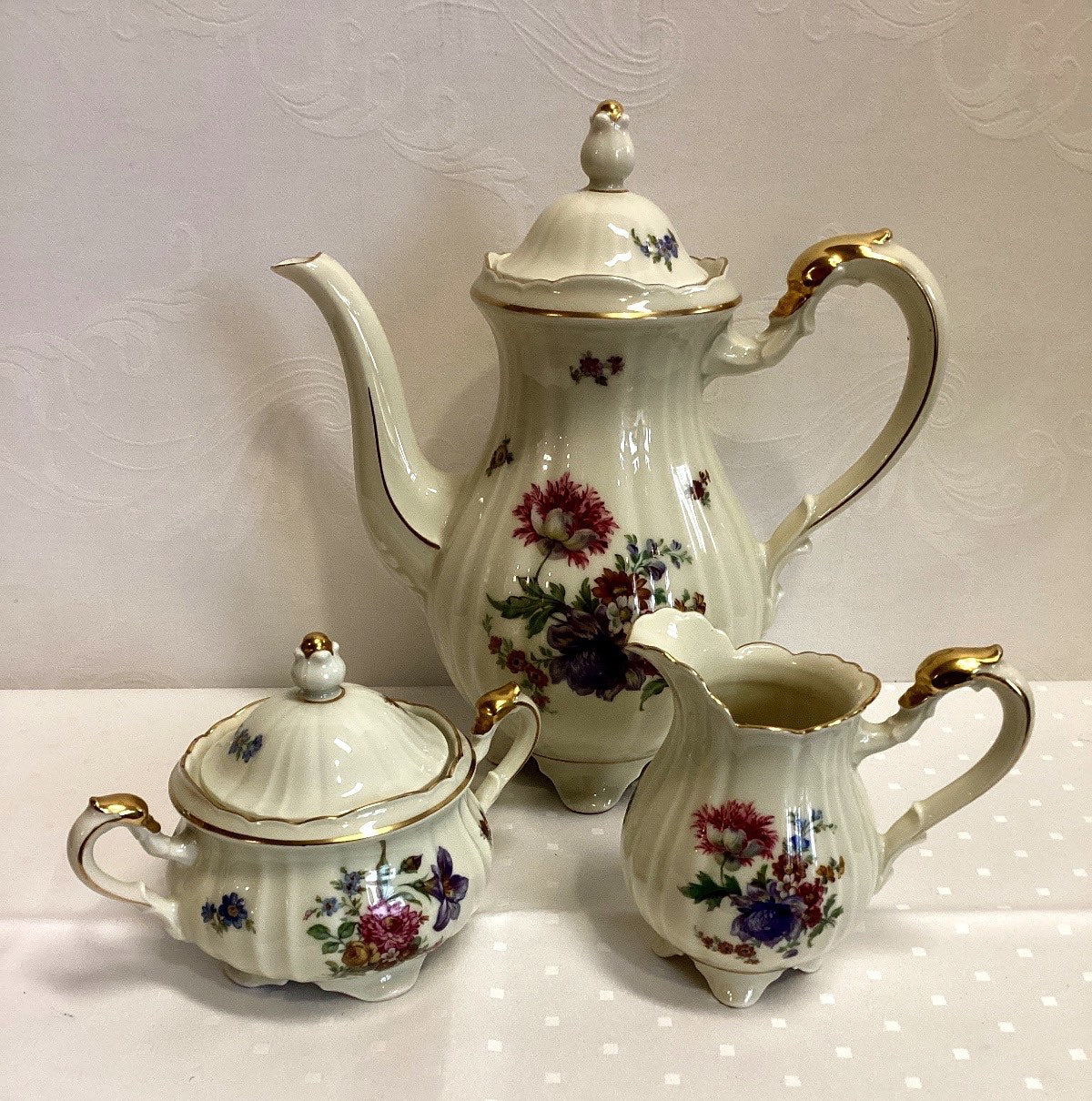 Fürstenberg Kaffeeservice 3-tlg Blumendekor Goldrand Baroque Kanne Milch Zucker