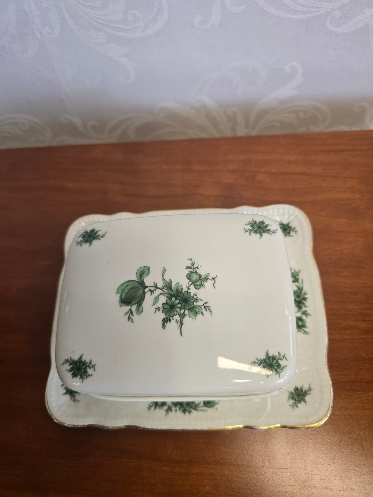 Seltmann Weiden Bavaria Butterdose Porzellan grünes Blumendekor Goldrand vintage