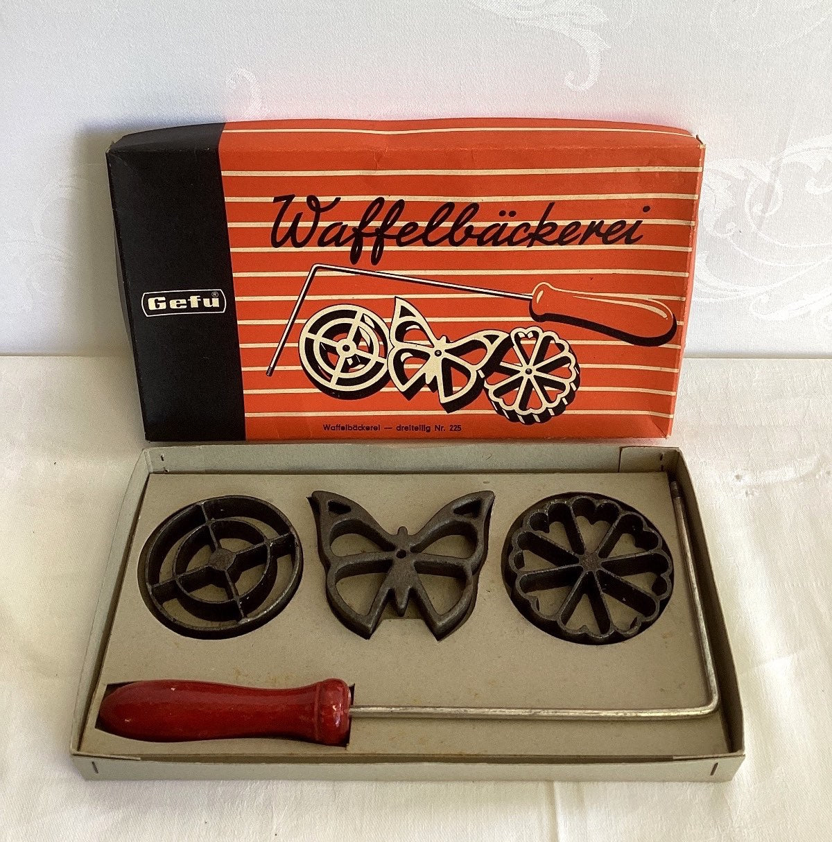 Gefu Waffelbäckerei Rosetten-Waffeleisen Set Nr.225 dreiteilig Vintage OVP