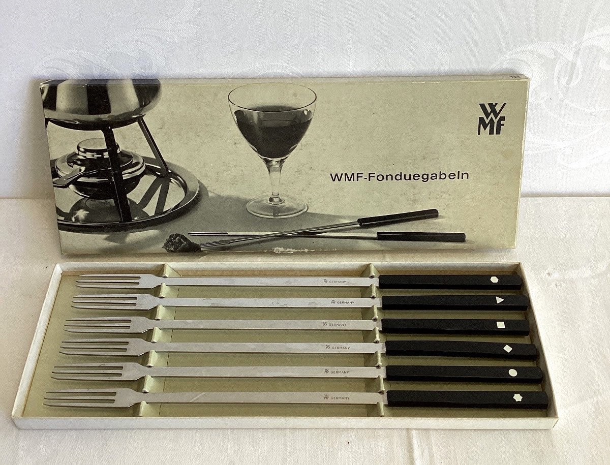 WMF Fonduegabeln 6er Set Germany Edelstahl schwarze Griffe Vintage OVP