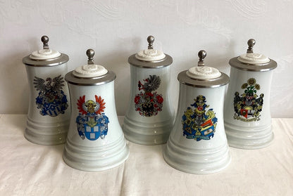 5x Fürstenberg Bierkrug Porzellan Zinndeckel Wappen Hannover Papier Alfeld Leine