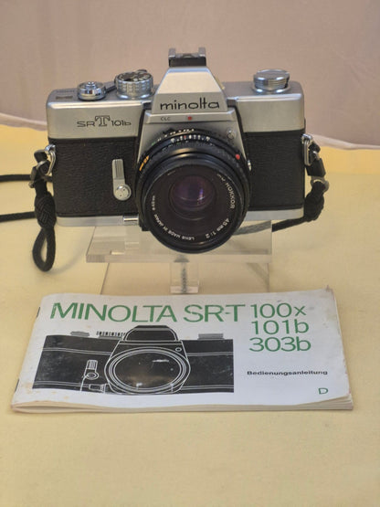 Minolta SRT 101b SLR Fotokamera + MD Rokkor 45mm 1:2 Objektiv + Anleitung