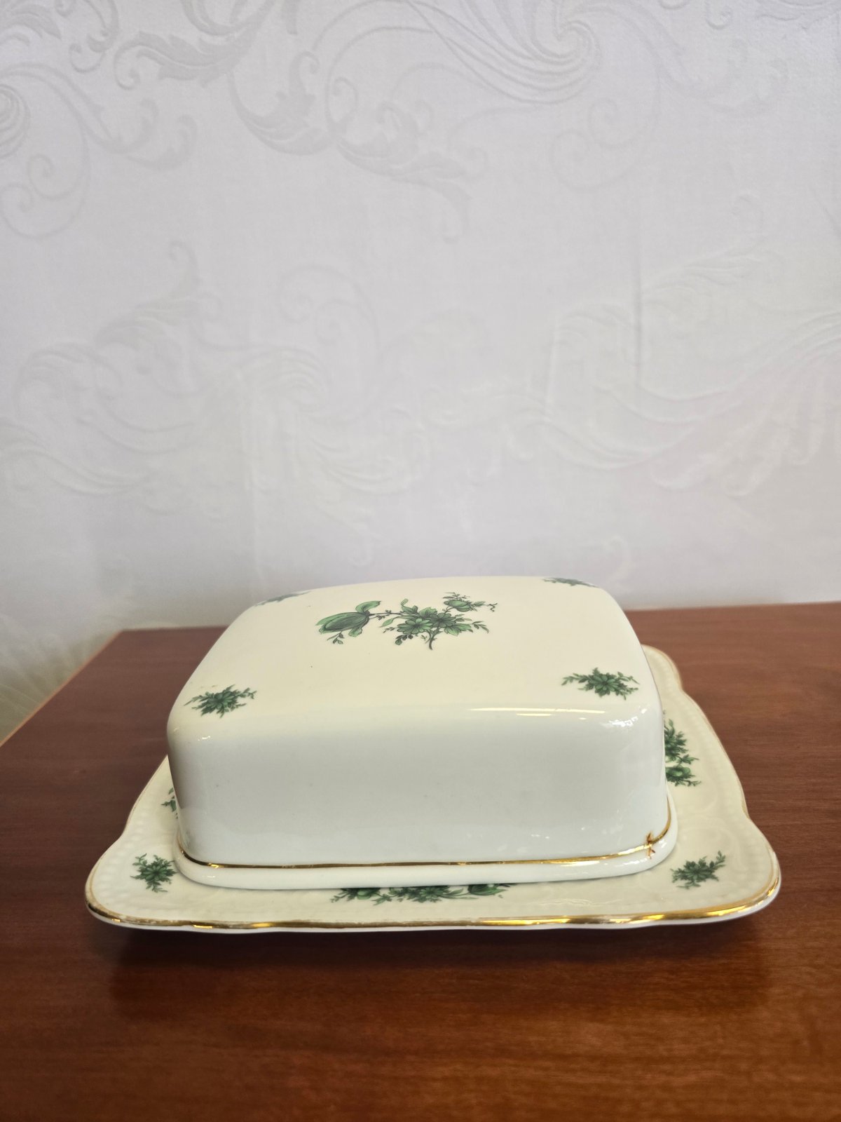 Seltmann Weiden Bavaria Butterdose Porzellan grünes Blumendekor Goldrand vintage