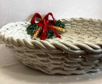 Keramik Korb Schale Weihnachten Italy Flechtoptik Tannenzapfen Schleife ø 37 cm
