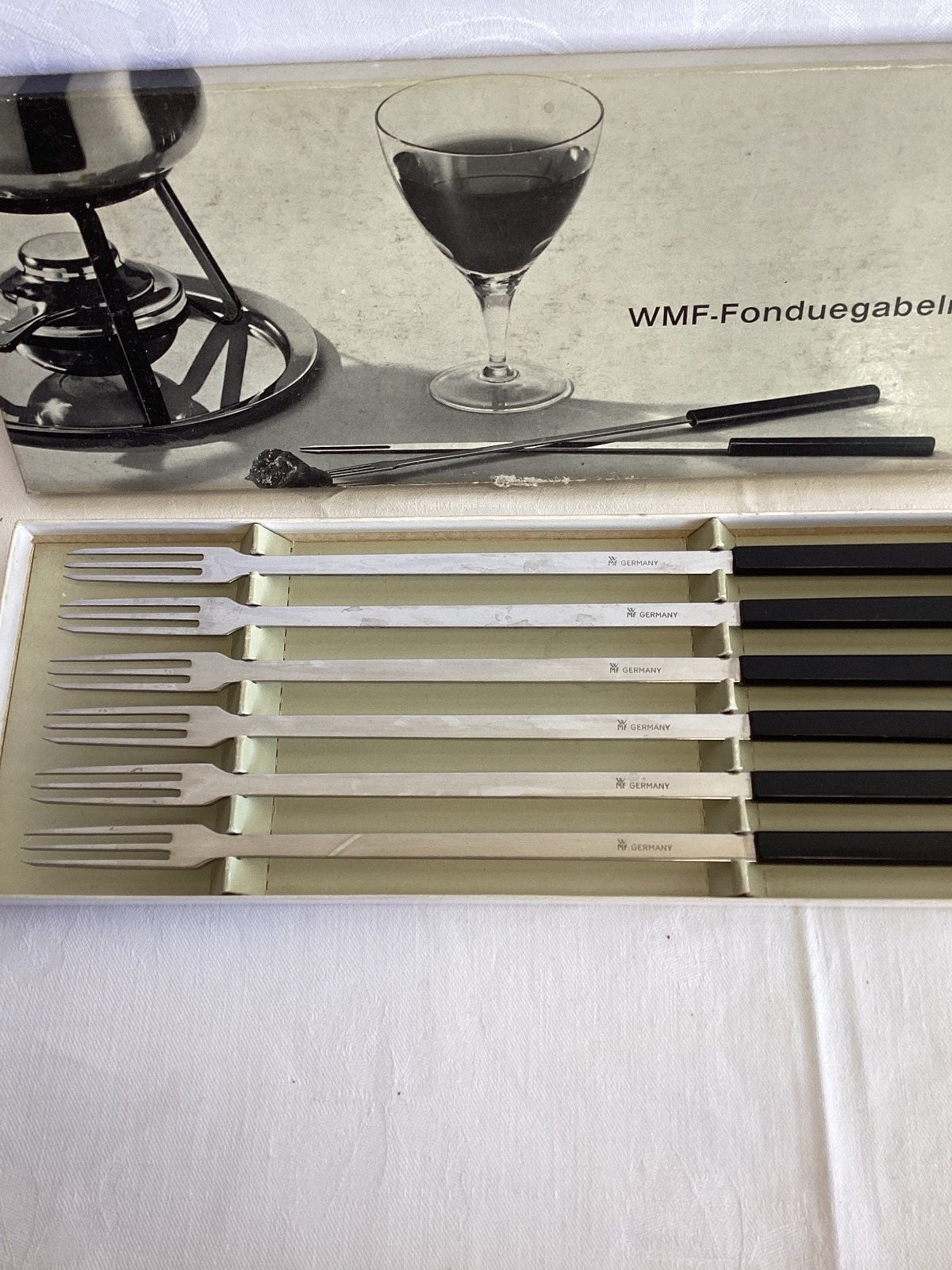 WMF Fonduegabeln 6er Set Germany Edelstahl schwarze Griffe Vintage OVP