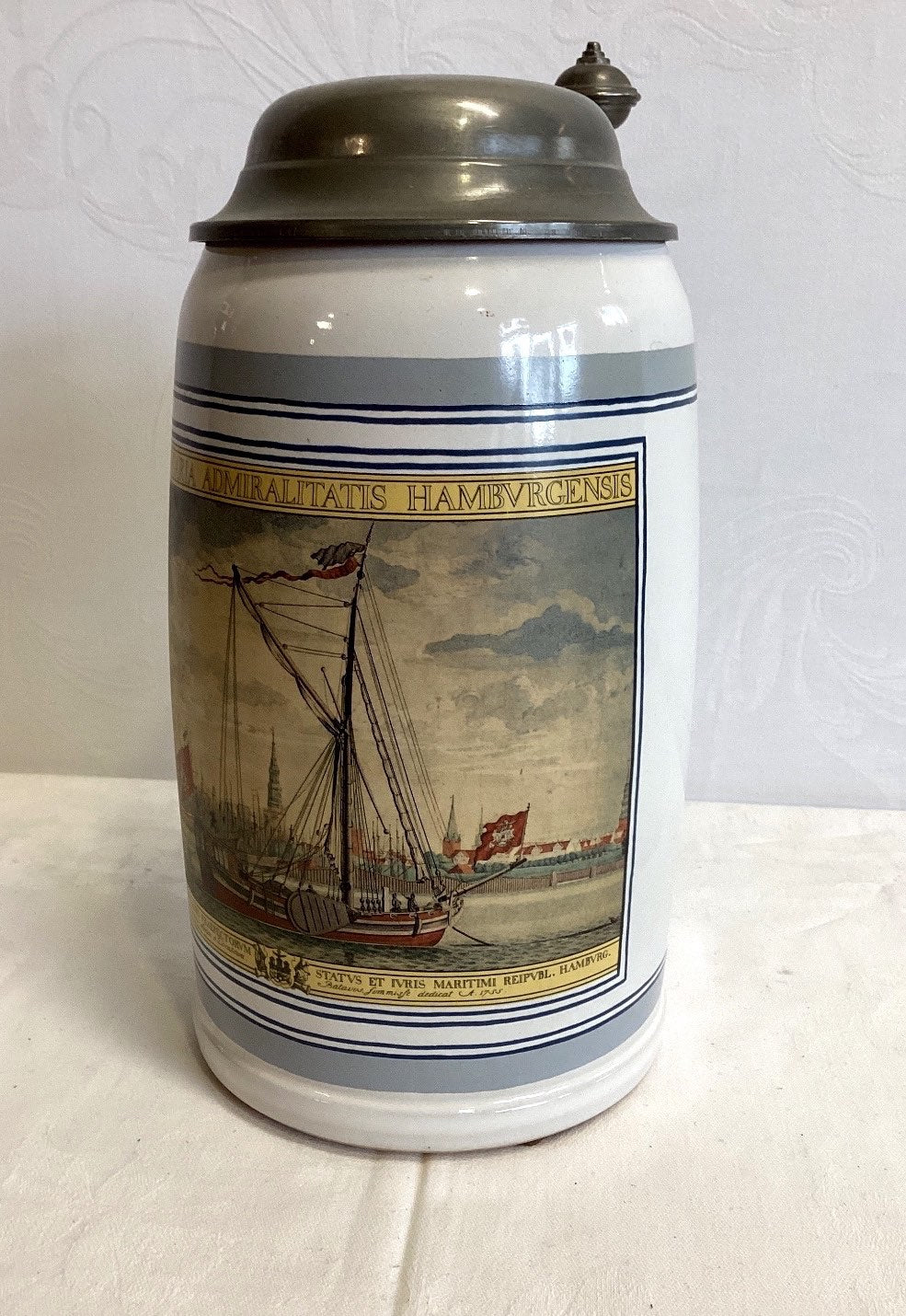 Holsten Bierkrug Porzellan Zinndeckel Hamburg Admiralität 1989 Sammler H 23cm
