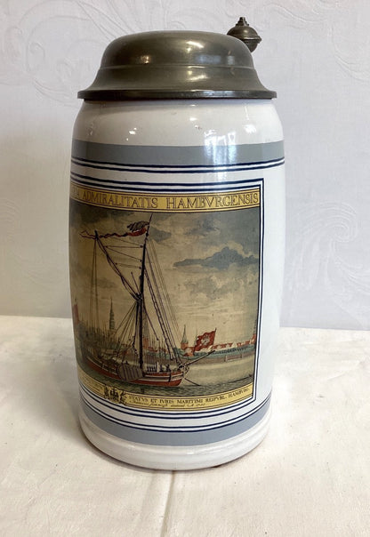 Holsten Bierkrug Porzellan Zinndeckel Hamburg Admiralität 1989 Sammler H 23cm
