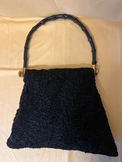 Handtasche, Taschenmuff, Persianerstil,  schwarz, Bambus-Henkel