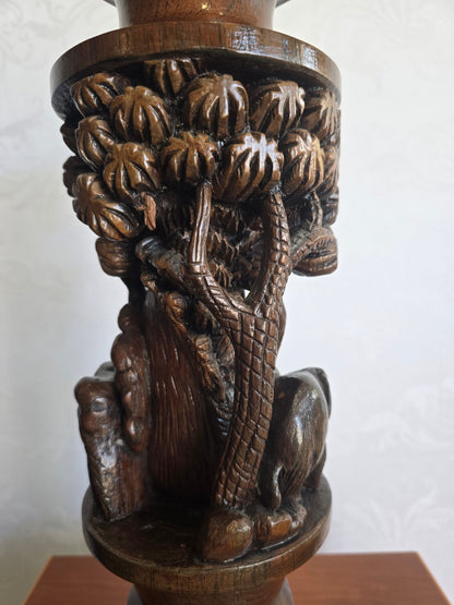 Handgeschnitzter Holz Kerzenhalter Elefant Palmen Figur Vintage Kolonialstil