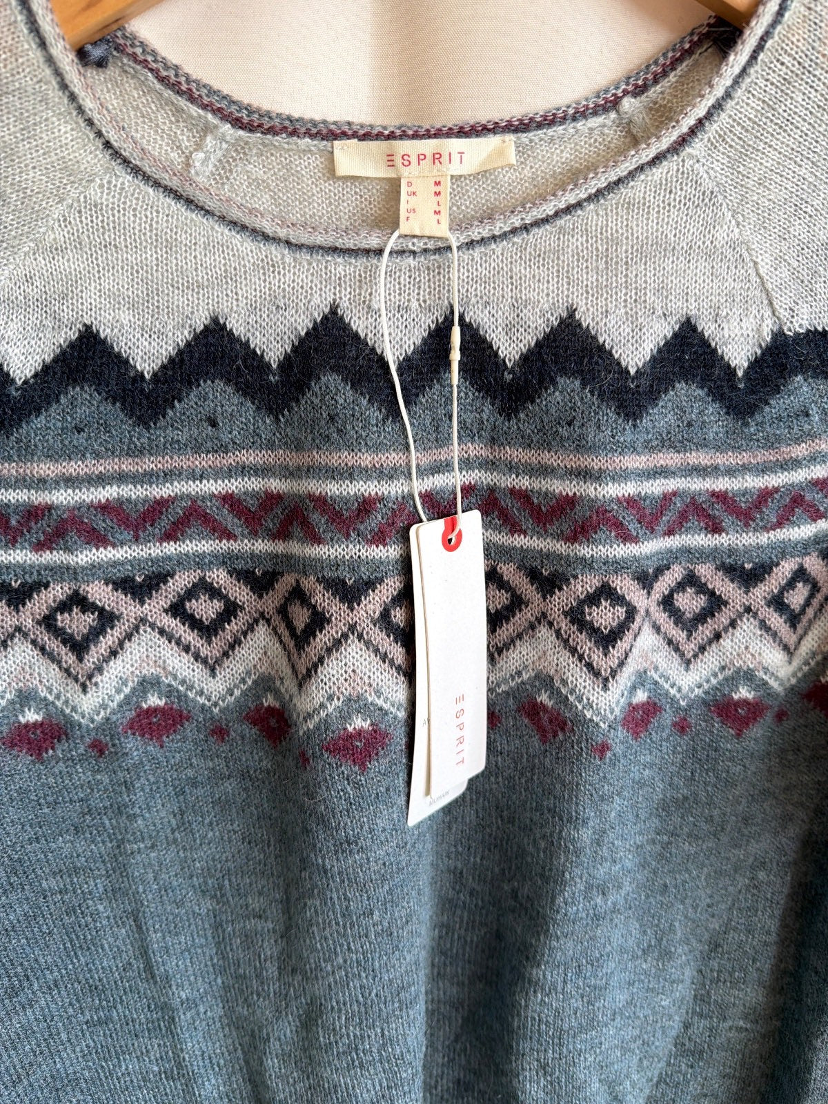 Esprit Damen Strickpullover Norweger Fair Isle Muster grau blau Gr. M neu