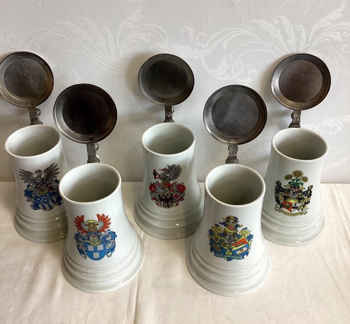 5x Fürstenberg Bierkrug Porzellan Zinndeckel Wappen Hannover Papier Alfeld Leine